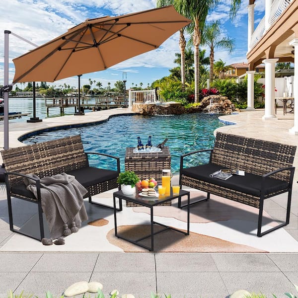 4-Piece Yellow Wicker Outdoor Sectional Set with Black Cushions