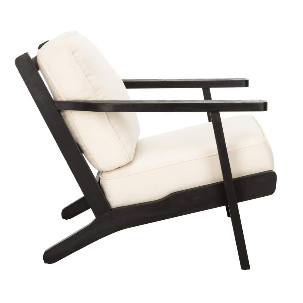 Bone White Linen and Black Oak Mid-Century Arm Chair