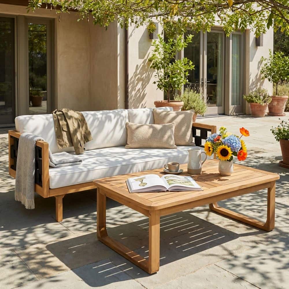 Reid Light Teak Finish 2-Piece Solid Wood and Black Rope Outdoor Daybed Patio Conversation Set with Light Grey Cushions
