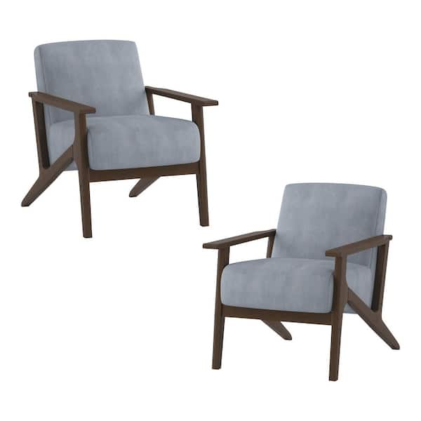 EVERGLADE HOME Malibu Blue Gray Velvet Upholstered Solid Wood Walnut Finish Accent Chair (Set of 2)