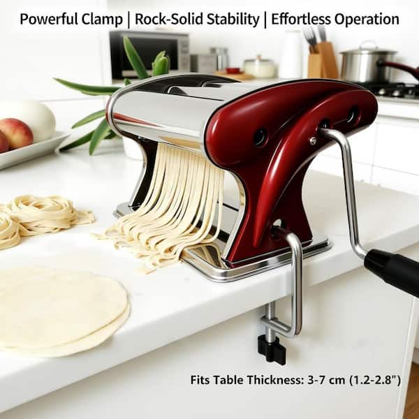 LAIFUCAM Manual Red Stainless Steel Pasta Maker High-Gloss Chrome