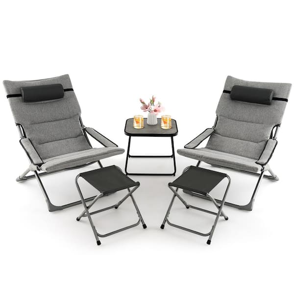 Gymax 5-Piece Patio Sling Outdoor Bistro Chair Set Folding Lounge Chairs with Coffee Table Yard Poolside with Cushions