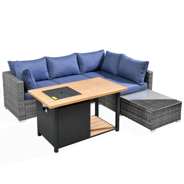 Riley 6-Piece Wicker Patio Rectangular Fire Pit Set with Denim Blue Cushions