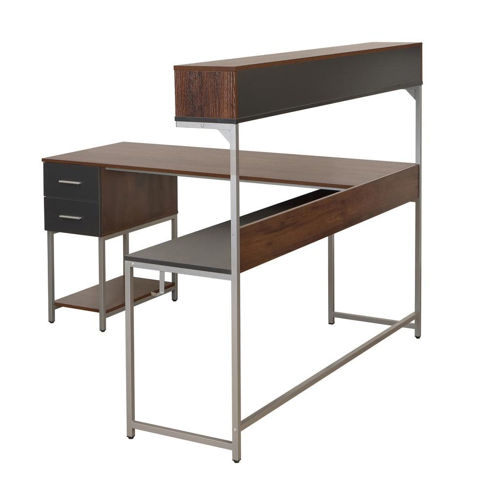Walnut Wood L-Shaped Gaming Computer Desk with Hutch and Drawer