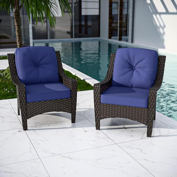 EAGLE PEAK Brown Rattan Wicker Outdoor Patio Lounge Chair with Blue Cushion (2-Pack)