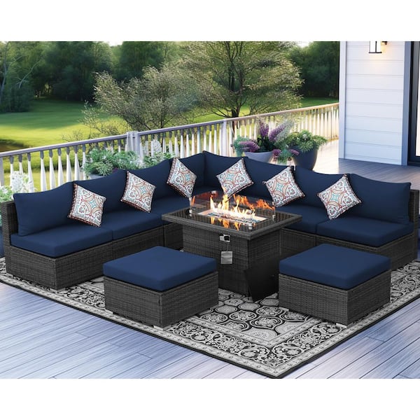 FINCATI High-End 10 Piece Charcoal Wicker Patio Fire Pit Deep Sectional Seating Sofa Set with Navy Blue Cushions with Ottomans