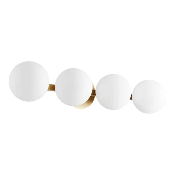 Quorum INTERNATIONAL Modern and Contemporary Globe 29.75 in. W  4-Lights Aged Brass Vanity Lights with Satin Opal Glass
