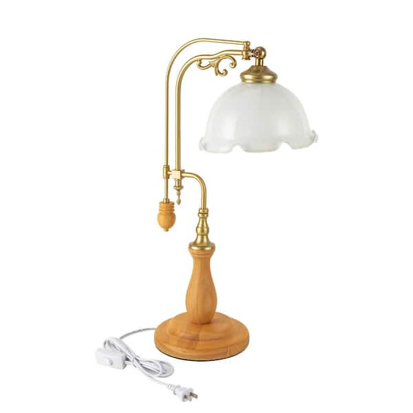 OUKANING 22 in. Wood Retro Lily Glass Gooseneck Table Lamp with White Flower Glass Lampshade
