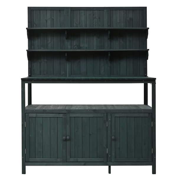50.2 in. W x 65.4 in. H Green 100% Fir Wood Potting Bench Hutch with Side Hooks and Cabinets