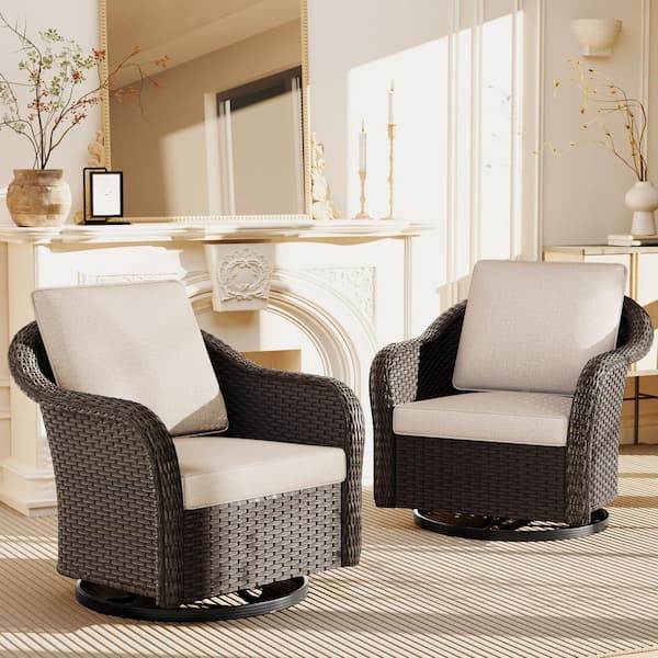 2-Piece Patio Wicker Swivel Outdoor Rocking Chair Set with Beige Cushions