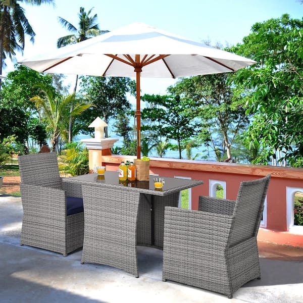 3-Pieces Wicker Patio Conversation Set Table and Chair Set with Navy Cushions