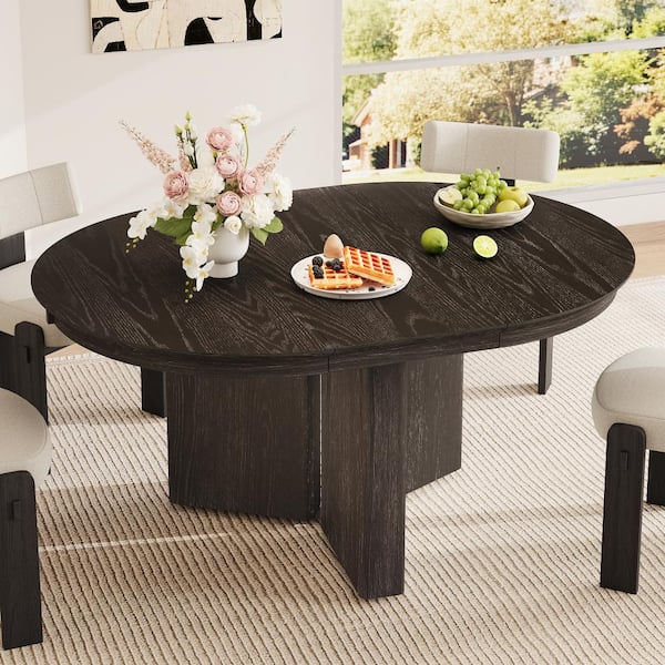 Espresso Oval Wood Extendable Dining Table with Pedestal Base and Adjustable Foot Pads
