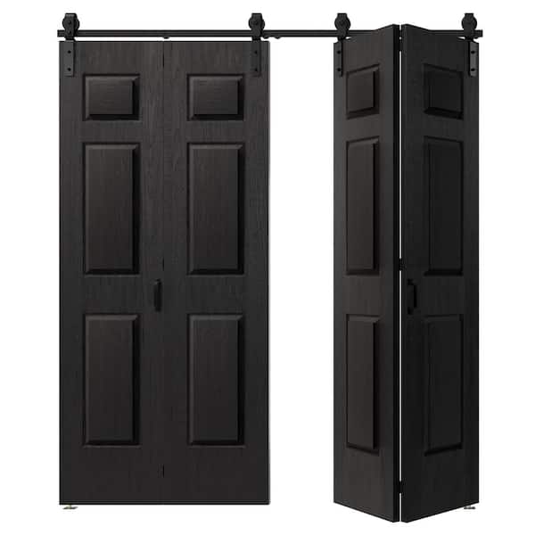 60 in. x 84 in. 6-Panel, Black, Hollow Core, MDF Textured Bi-Fold Style Sliding Barn Door with Hardware Kit