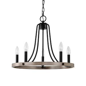 Ultan 20 in. 5-Light Indoor Matte Black and Faux Wood Grain Finish Chandelier with Light Kit