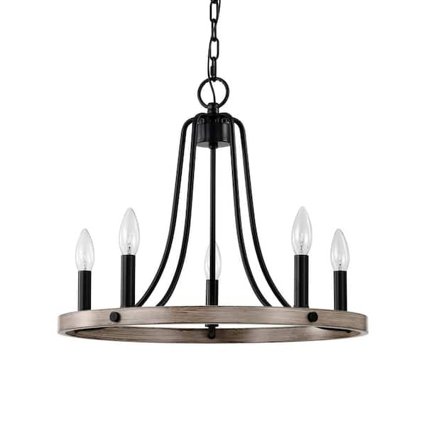 Warehouse of Tiffany Ultan 20 in. 5-Light Indoor Matte Black and Faux Wood Grain Finish Chandelier with Light Kit