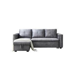91 in. W Gray Velvet Full Size 3 Seats Reversible Sectional Sofa Bed with Copper Nail