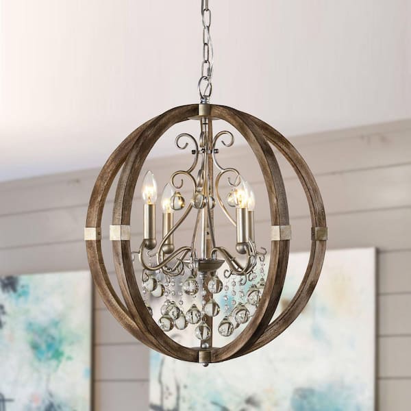 Retha 4-Light Farmhouse Natural Brown Globe Caged Chandelier with Clear Glass Crystals