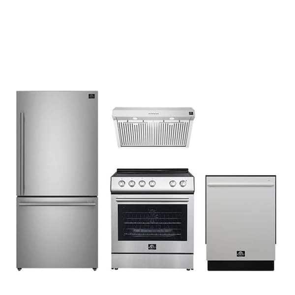 Forno 4-Piece 30" Electric Range 4-Element, 30" Range Hood, 31" French Door Refrigerator, 24" Dishwasher in Stainless Steel