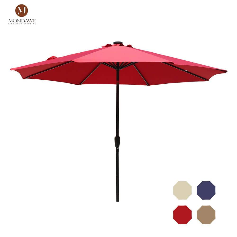 10 ft. Aluminum Patio Umbrella Market Crank and Tilt Patio Umbrella in Red with LED Lights