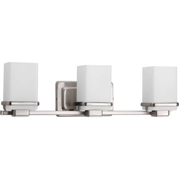 Progress Lighting Metric Collection 3-Light Brushed Nickel Etched/Painted White Inside Glass Coastal Bath Vanity Light