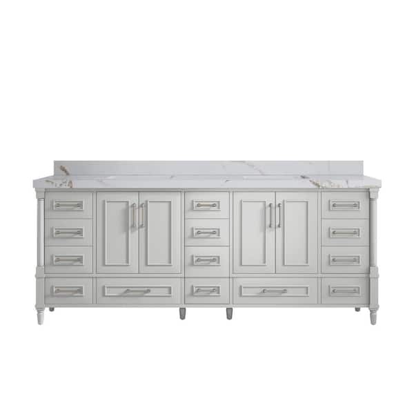 Willow Collections Hudson 84 in. Double Sink Freestanding Coventry Gray Bath Vanity with Calacatta Gold Quartz Top Unassembled