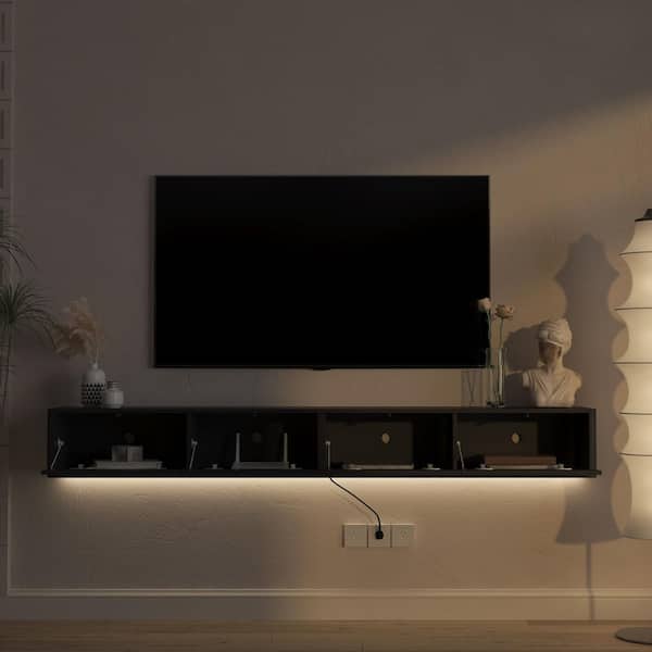 GOGEXX 78 in. W Black MDF Floating Wall Mount TV Stand for 75 in