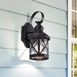 1-Bulb 11.5 in. H Black Outdoor Wall Lantern Sconce with Clear Seeded Glass
