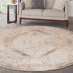 Astra Machine Washable Beige 8 ft. x 8 ft. Center medallion Traditional Round Area Rug