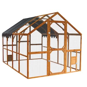 111in. Dx 75in. Wx74in. H Large Wooden Outdoor Cat House and Cat Run Enclosure Catio Kitten Condo Entry Door&Roof Orange