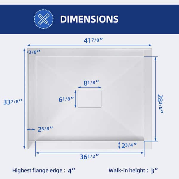 Moca 42 in. L x 34 in. W Double Threshold Alcove Shower Pan Base with Center Drain Cover Acrylic Shower Tray in White