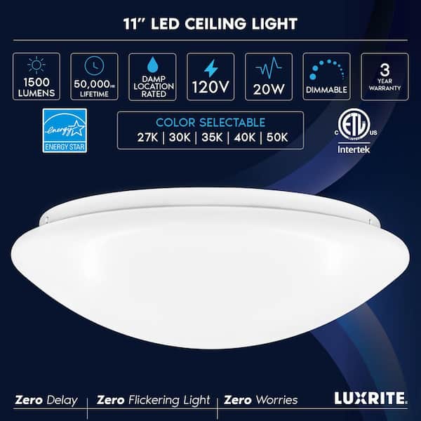 11 in. 20-Watt 5 Color Selectable LED 2700K/3000K/3500K/4000K/5000K Flush Mount Dimmable Fixture 1500 Lumens (1-Pack)