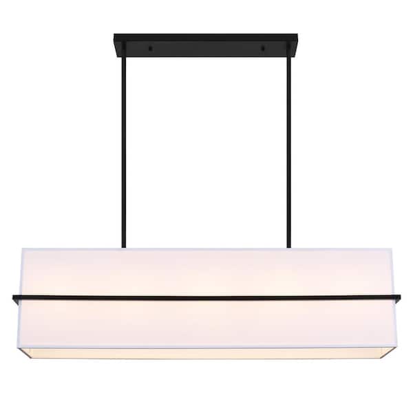 5 light Black Linear Square/Rectangle Chandelier With White Fabric Shade for Kitchen Island with no bulbs included
