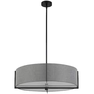 Preston 4 Light Matte Black Shaded Pendant Light with Grey Fabric Shade