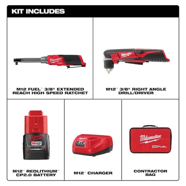M12 FUEL 12V Lithium-Ion Brushless 3/8 in. Extended Reach High Speed Cordless Ratchet Kit & M12 Right Angle Drill