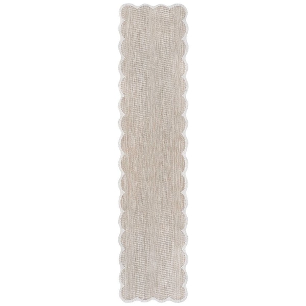 Alice Classic Cottage 2-Tone Scalloped Beige/Cream 2 ft. x 8 ft. Indoor/Outdoor Shaped Runner Rug