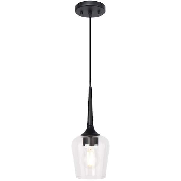 PUDO 5.51 in. 1-Light Black Modern Farmhouse Pendant Light with Clear Glass Shade and Adjustable Rod