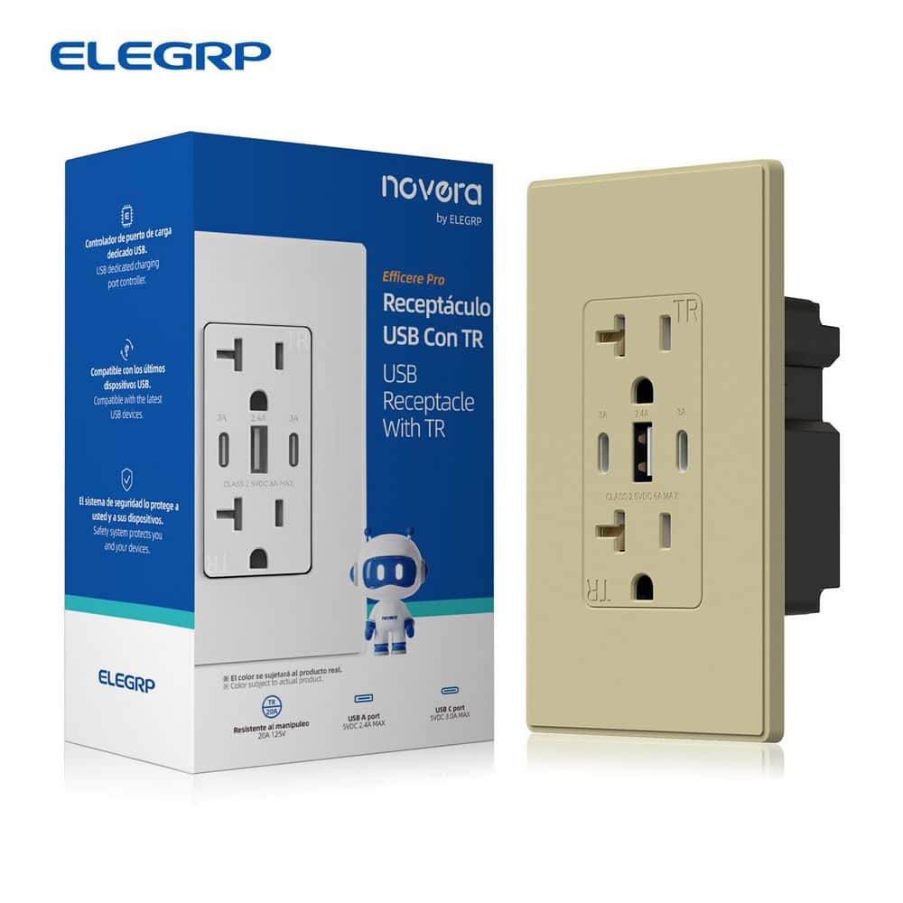 30W 6.0 Amp 3-Port USB Wall Outlet, 20A Duplex Receptacle with Dual Type C & A Ports, w/Wall Plate, Matte Ivory 1PC price history on PriceWatchPro