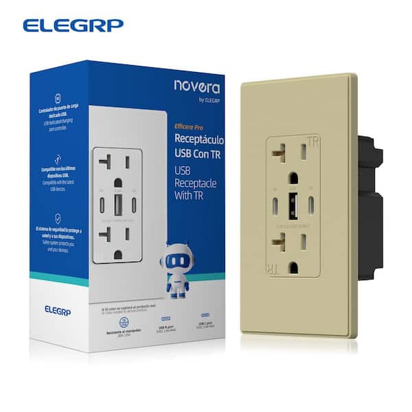 30W 6.0 Amp 3-Port USB Wall Outlet, 20A Duplex Receptacle with Dual Type C & A Ports, w/Wall Plate, Matte Ivory 1PC