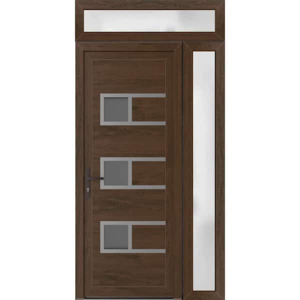 44 in. x 94 in. Right-hand/Inswing Frosted Glass Walnut Steel Prehung Front Door with Hardware