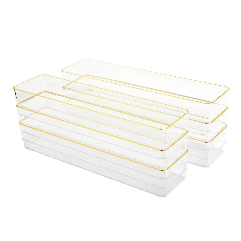 Martha Stewart 12" x 3" 6pc Plastic Stackable Office Desk Drawer Organizers with Gold Trim Clear