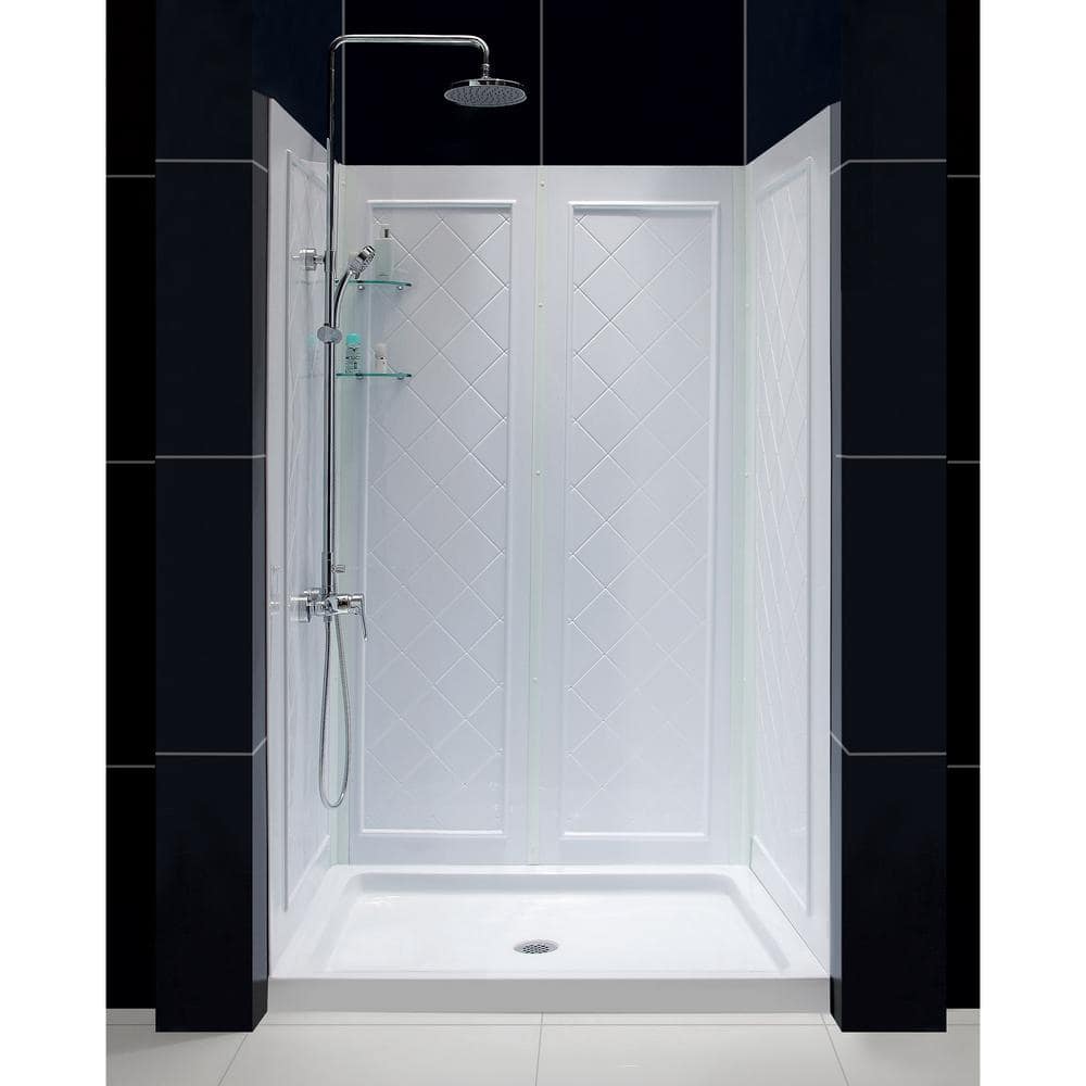 Dreamline Slimline 48 In X 32 In Single Threshold Shower Base In White With Shower Backwalls Dl 6070c 01 The Home Depot