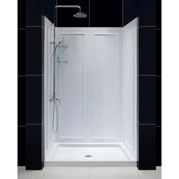DreamLine SlimLine 48 in. x 32 in. Single Threshold Shower Base in White with Shower Back walls
