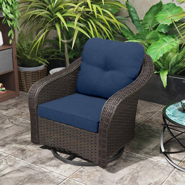 JOYSIDE Wicker Patio Swivel Outdoor Rocking Chair Lounge Chair with Blue Cushions