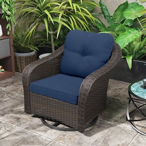 Wicker Patio Swivel Outdoor Rocking Chair Lounge Chair with Blue Cushions