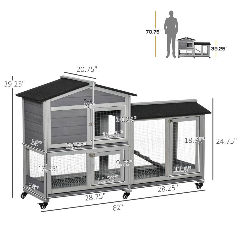 Gray Wooden Guinea Pig Hutch with Wheels and Ramp