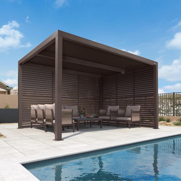 PURPLE LEAF 10 ft. x 13 ft. Bronze Aluminum Louvered Pergola with 2 Individual Sunshade Roofs and 1-Long 1-Short Side Shutter Wall