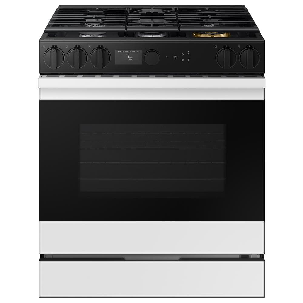 Samsung Bespoke 30 in. 6.0 cu. ft. 5 Burner Smart Slide-In Gas Range with Air Fry & Safety Knobs in White Glass