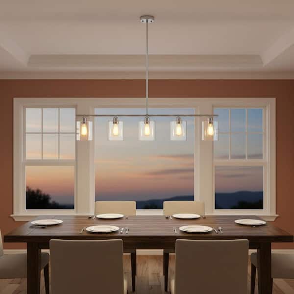 5-Light Brushed Nickel Linear Pendant Light, Modern Island Chandelier with Clear Glass Shades for Kitchen & Dining Room
