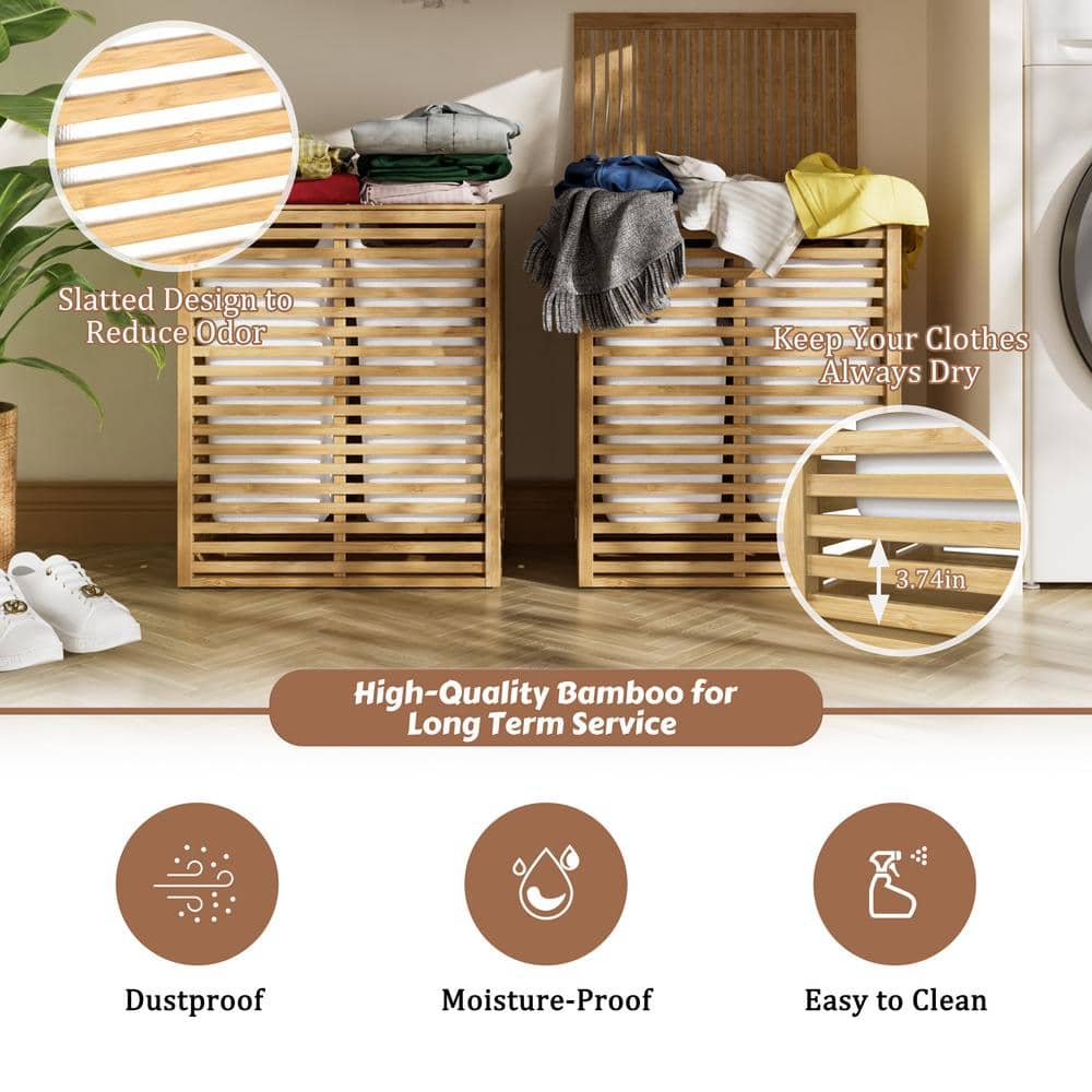 Natural Bamboo 2-Section Collapsible Laundry Hamper with Lid