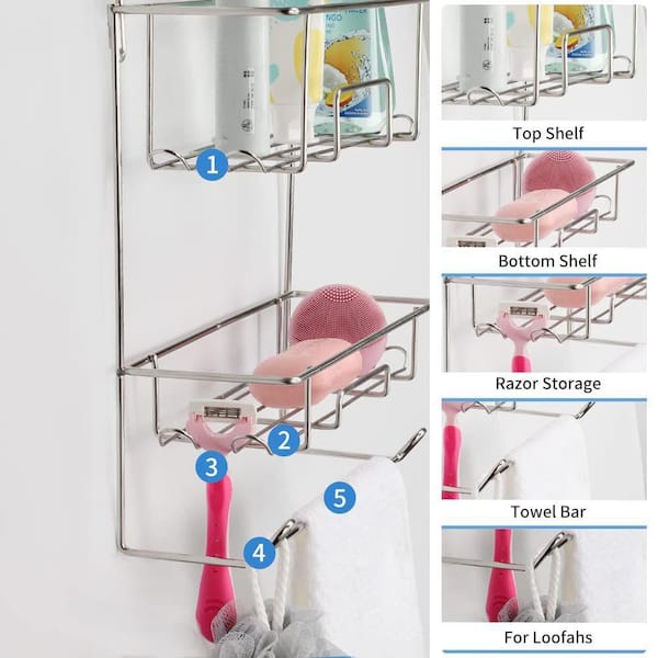 Dracelo 11 in. W x 3.1 in. D x 24.8 in. H Silver Bathroom Hanging Shower Organizer, Shower Storage Rack Basket